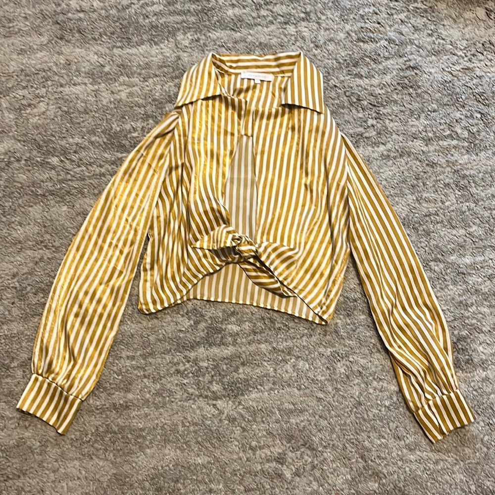 Tie up shirt. Mustard Yellow(gold) and white striped pattern.